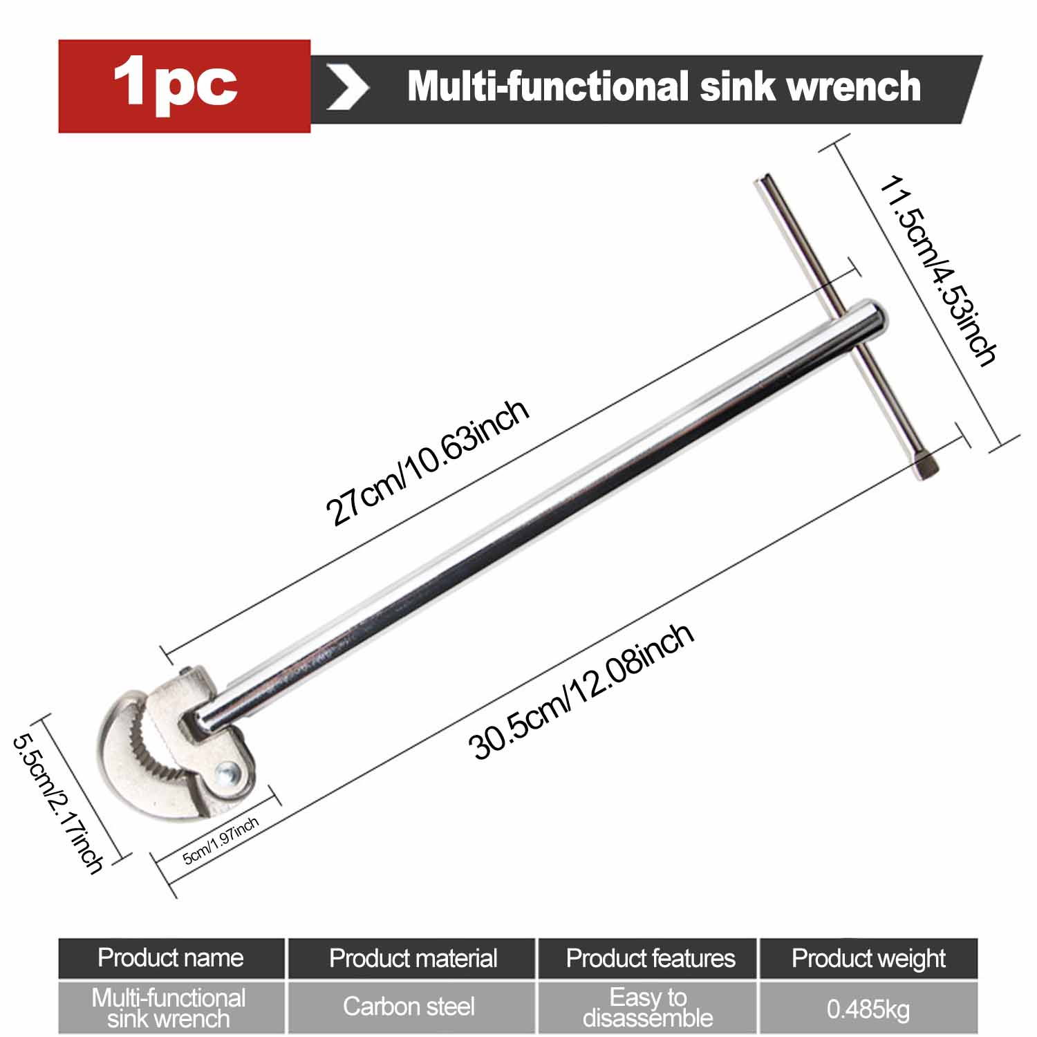 12inch Basin Wrench Sink Wrench for Fixing Back and Union Nuts Plumbing Applications Under Sink Sink Installation Bath Drains серебряный