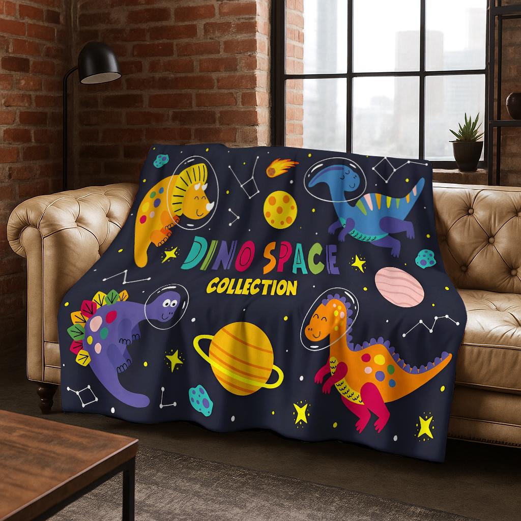 Child Cartoon Dinosaur Space Planet Flannel Blanket Soft Warm Blanket for Bedroom Room Living Room Office Travel Camping Picnic