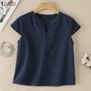 ZANZEA Women Casual V-Neck Solid Color Short Sleeve Cotton Blouse