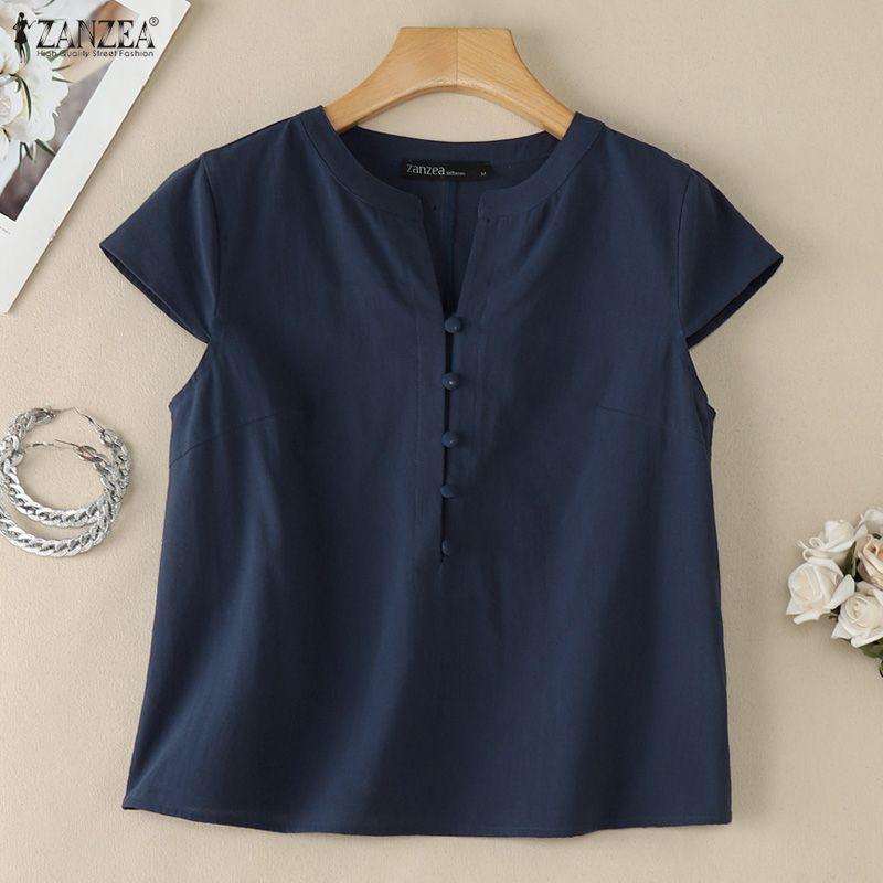 ZANZEA Women Casual V-Neck Solid Color Short Sleeve Cotton Blouse