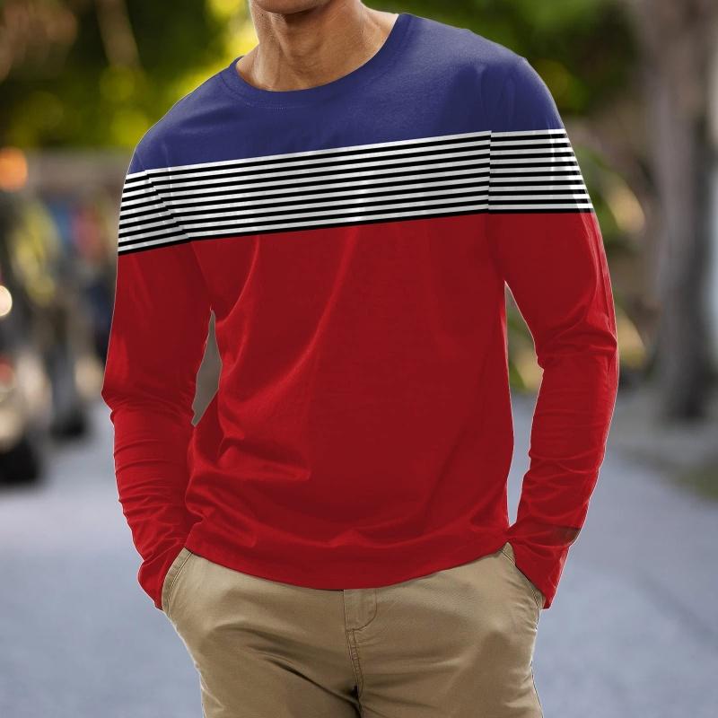 

Color Block Stripes Pattern T-Shirt For Men Colorful 3D Printed T Shirts Summer Casual Long Sleeves Loose Round Neck Tops Tees 6XL