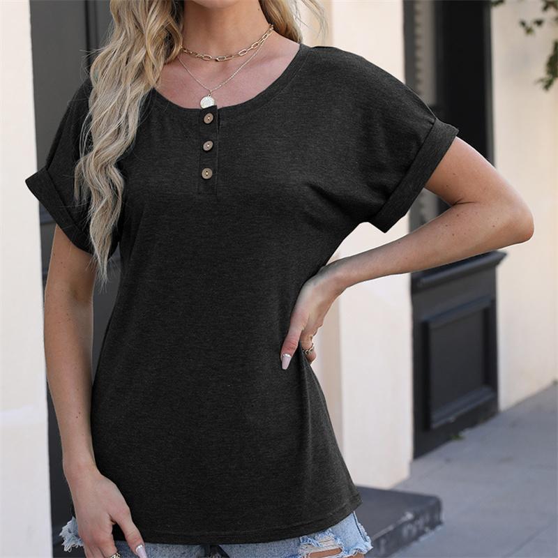 Spring/Summer Button Women's Casual T-shirt Solid Ladies Top
