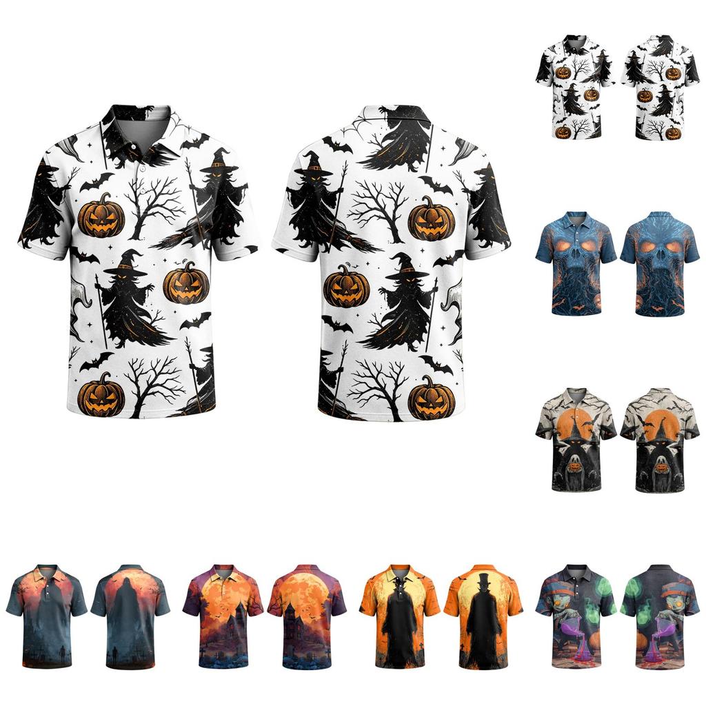 Men's Halloween Print Casual Short Sleeve Shirt Fashion Lapel Collar Relaxed Fit Lightweight Breathable Top for Everyday Wear