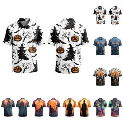Men's Halloween Print Casual Short Sleeve Shirt Fashion Lapel Collar Relaxed Fit Lightweight Breathable Top for Everyday Wear