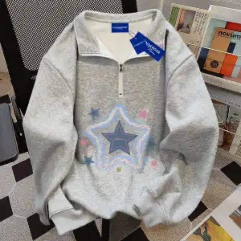 Sweat-shirt Polo Rétro Coréen en Coton Pur à Demi-Zip pour Femmes Automne Hiver Ample Polyvalent Haut de Couple