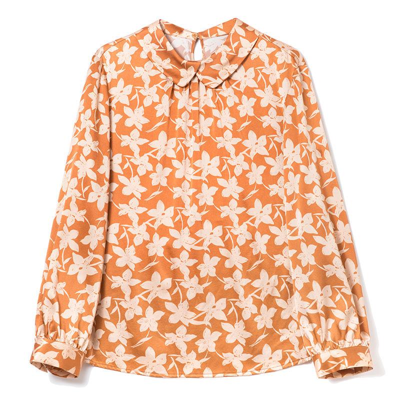 Women's Clothing Spring Autumn Pullover Crew Neck Turn-down Collar Flower Printing Long Sleeve Undershirt T-shirt Elegant Tops