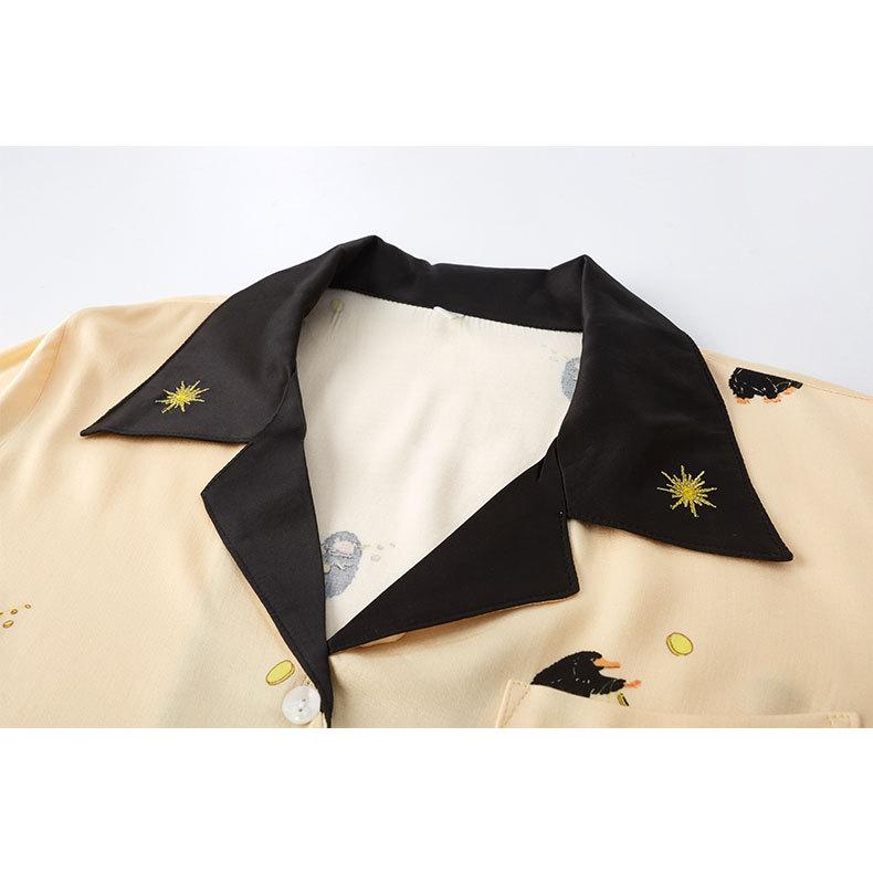 Summer cool human cotton satin pajamas, women's comfortable skin-friendly suit cartoon printed neckline embroidered loungewear