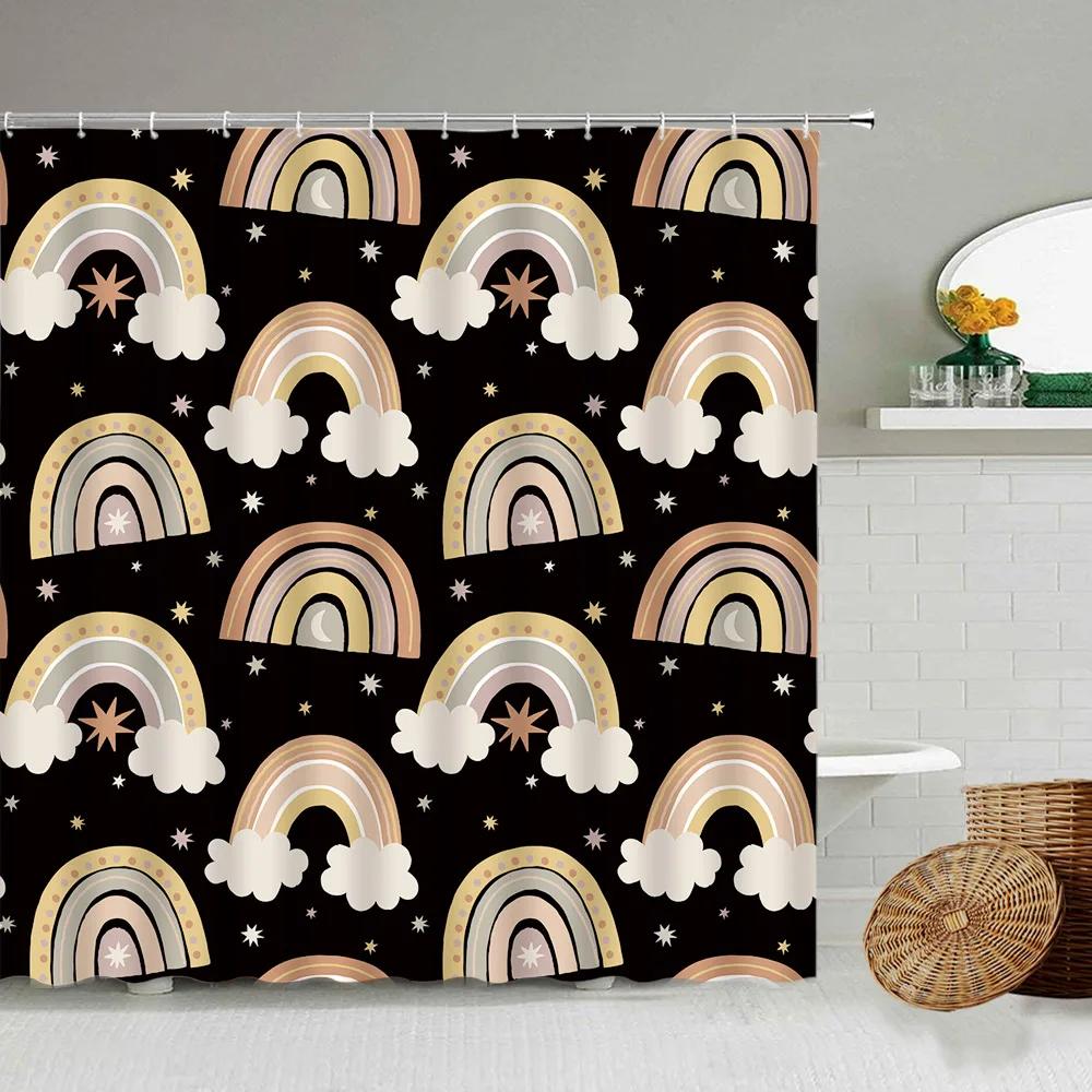 Cartoon Handbemalter Tier Duschvorhang, Katze, Vogel, Kaninchen, Pflanze, Blume, Kinder Badezimmer Dekor mit Haken, Hängender Sichtschutz