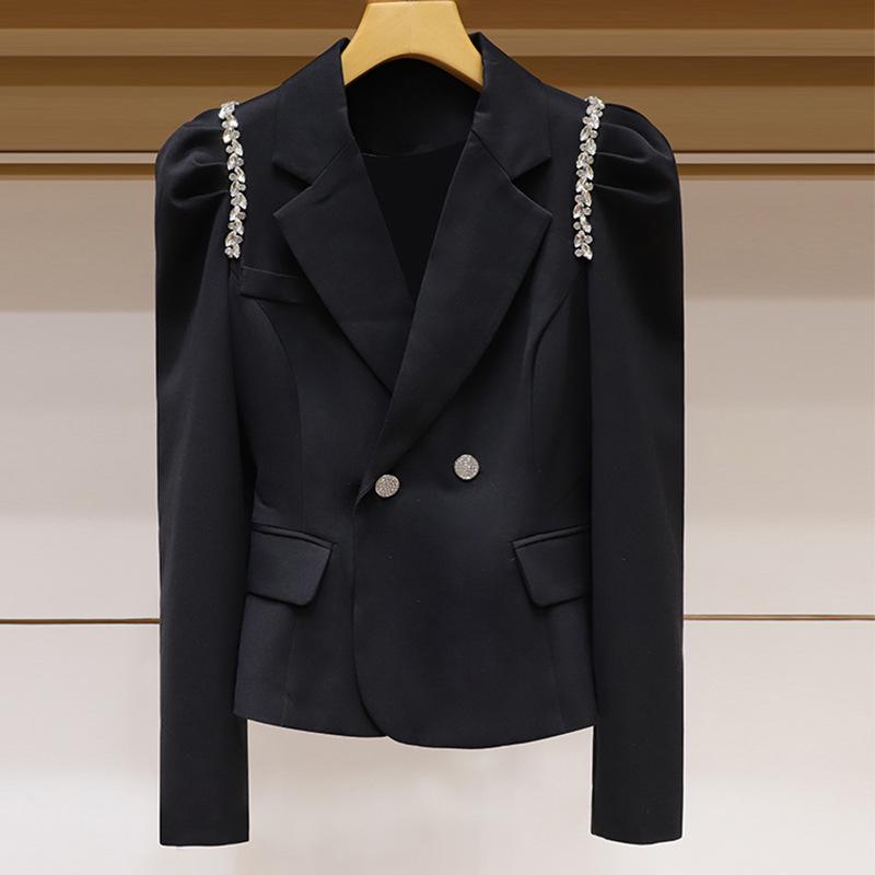Women's French-Style Black Two-Piece Suit: Lapel Jacket & Skirt with Heavy Diamond Detailing