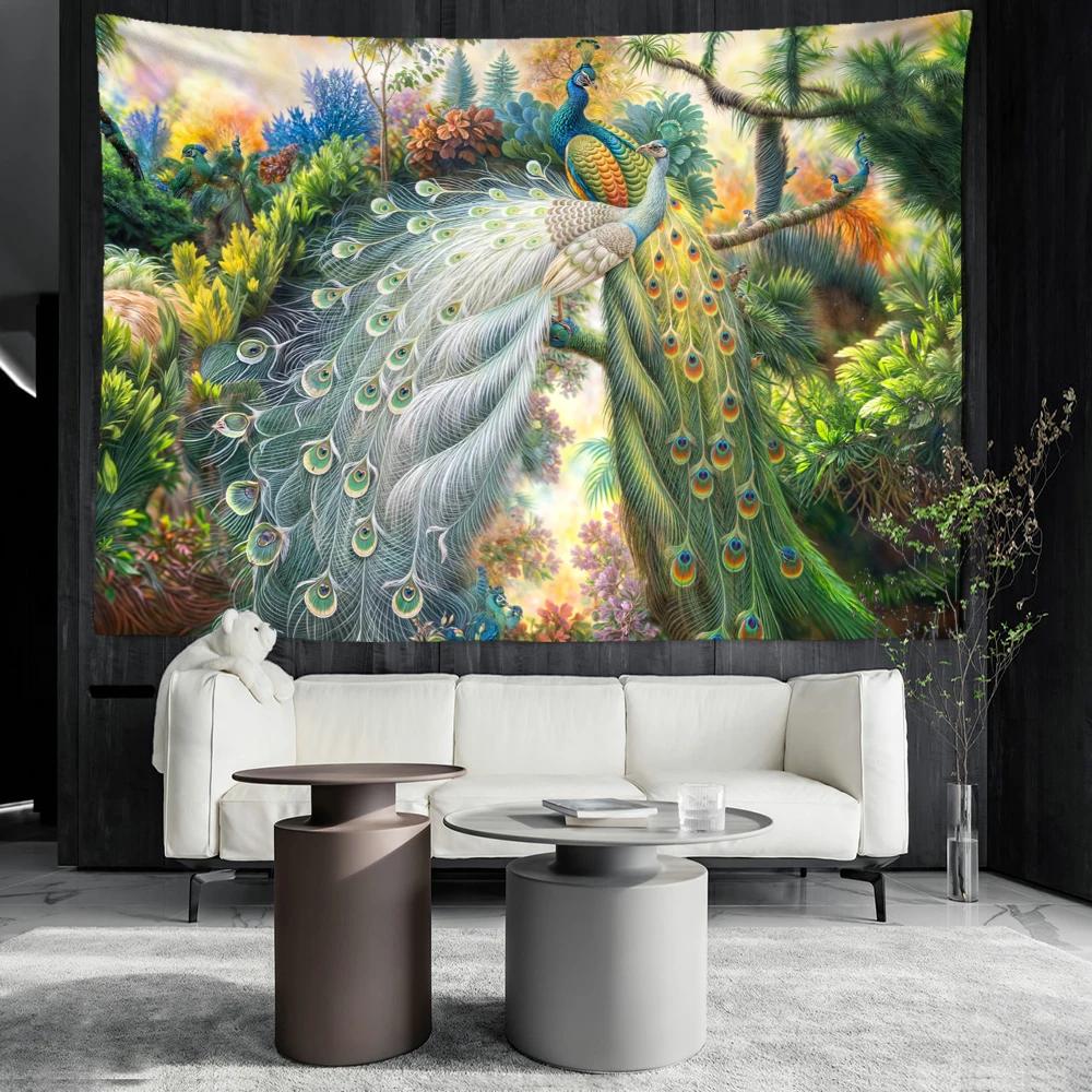 White Peacock and Blue Peacock Tapestry Wall Hanging Natural Art Forest Landscape Art Bohemian Hippie Dormitory Home Decor