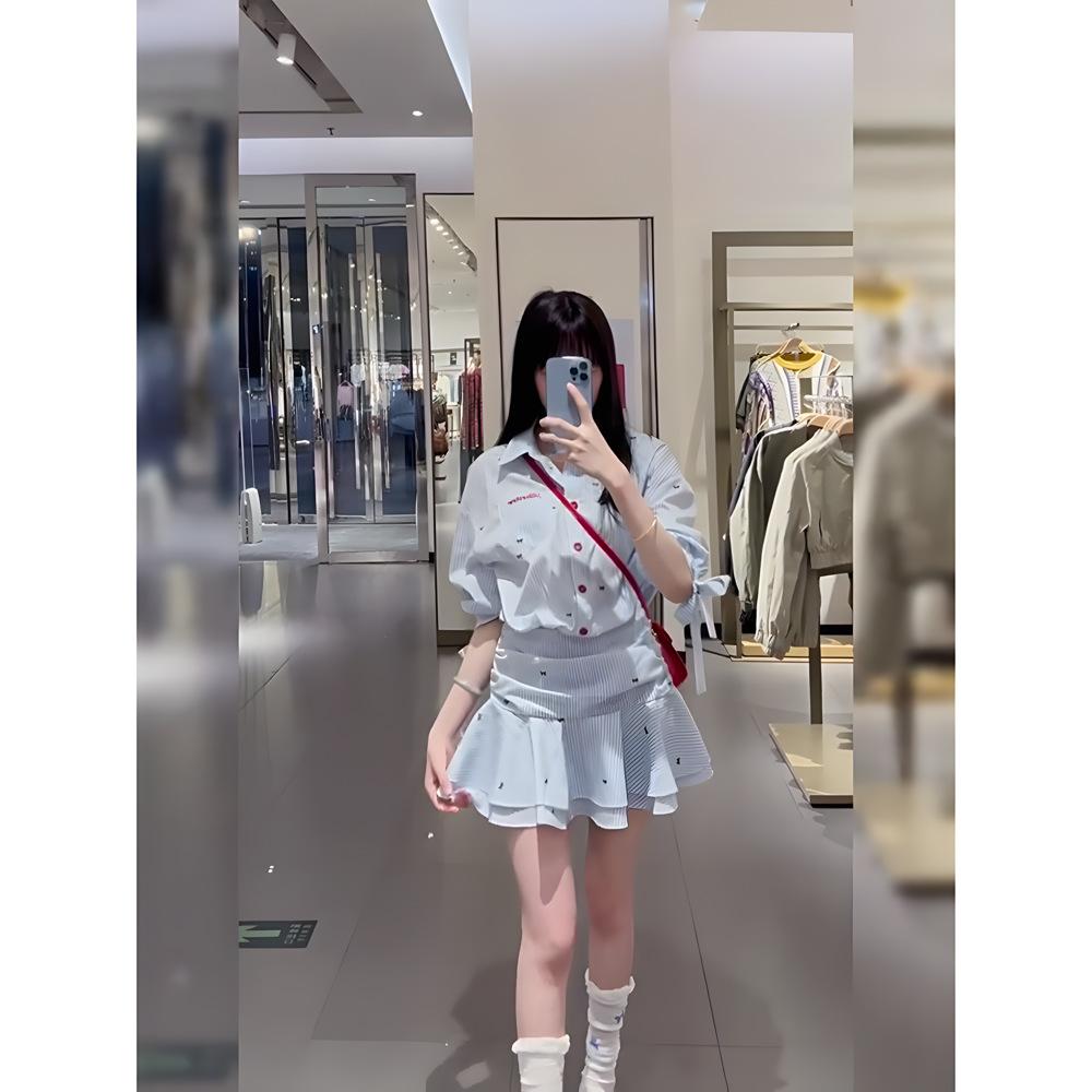 

Темпераментное платье-рубашка в полоску с принтом банта, женское летнее новое, с рукавом три четверти, с завышенной талией, тонкое, А-силуэта, короткая юбка XL- (recommended 110-60kg)