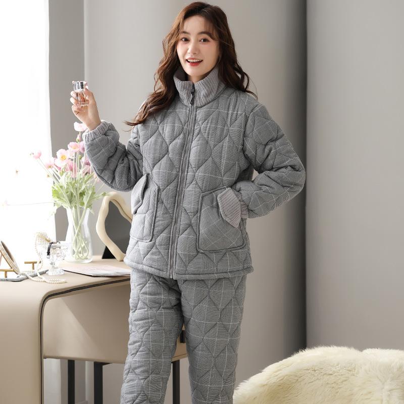 Pajamas Women'S Winter Three-Layer Thickened Fleece Woven Cotton Padded Autumn And Winter Coral Fleece Outer Wear Warm Loungewear