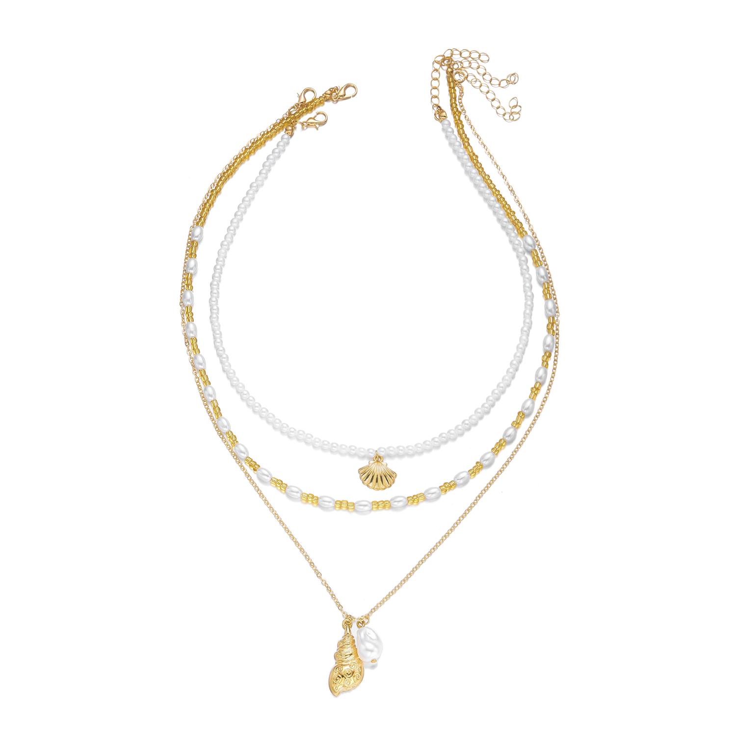 

3Pcs Bohemian Conch Faux Pearl Seed Bead Choker Necklace Beach Vacation Ocean Layered Jewelry Set
