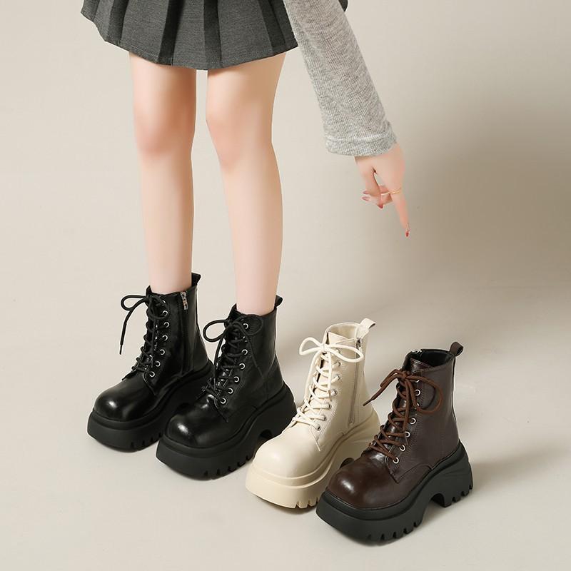 Fashion British Style Autumn Platform Boots Shoes for Women Fashion Lace Up Round Toe Ankle Boots Chunky Heeled Ladies Short Botines