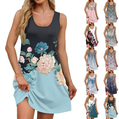 Vestido feminino casual de verão com decote quadrado e estampa floral, sem mangas, com bolsos