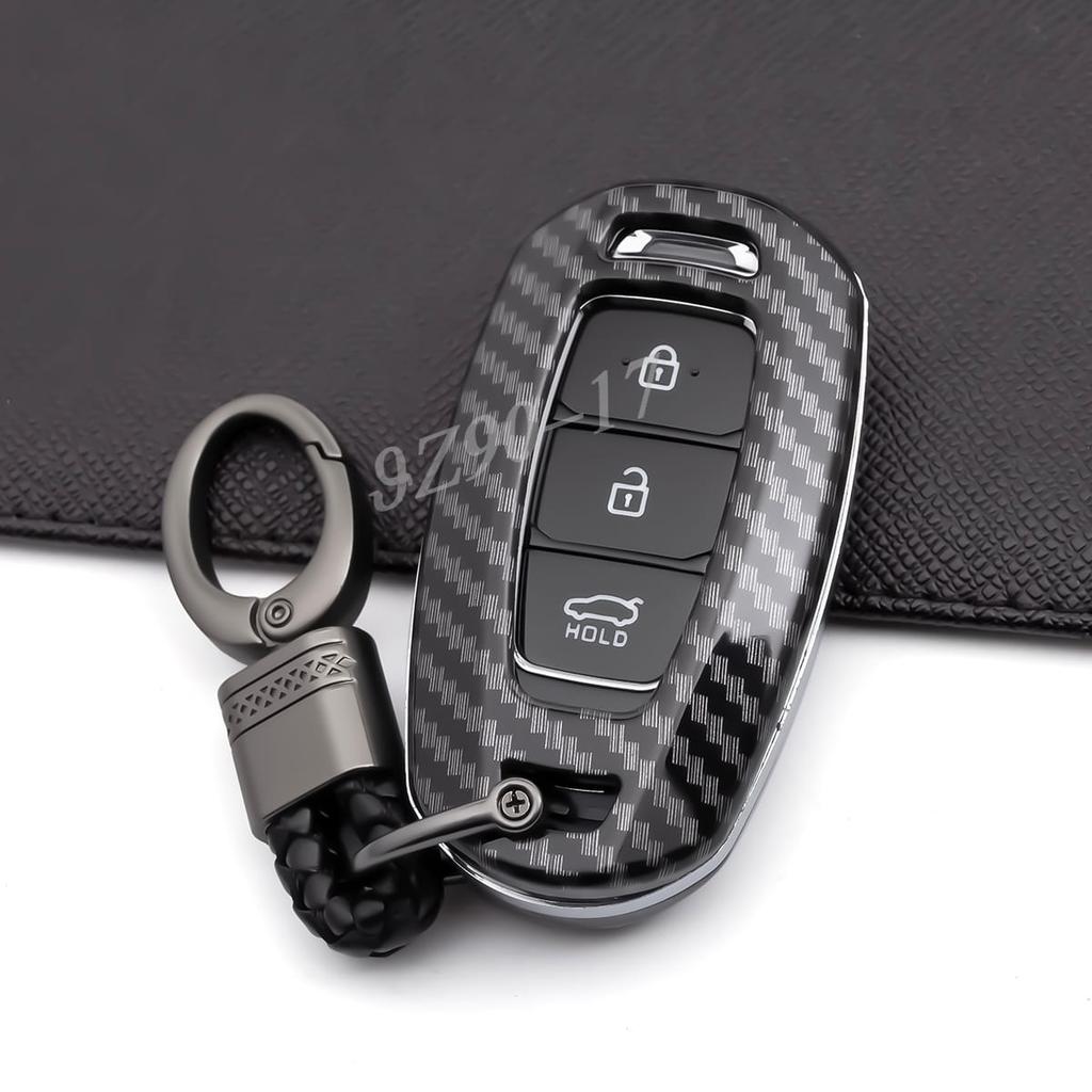 Abs Carbon Fiber Car Smart Key Cover Case Keychain For Hyundai Elantra I30 Venue Palisade Accent Santa Fe Veloster Kona