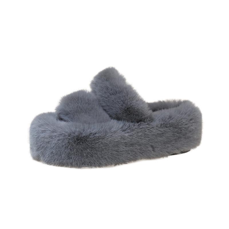 Foreign trade large-size fluffy slippers for women's outer wear 2025 new Korean version of home furnishing autumn and winter one-word thick-soled cott
