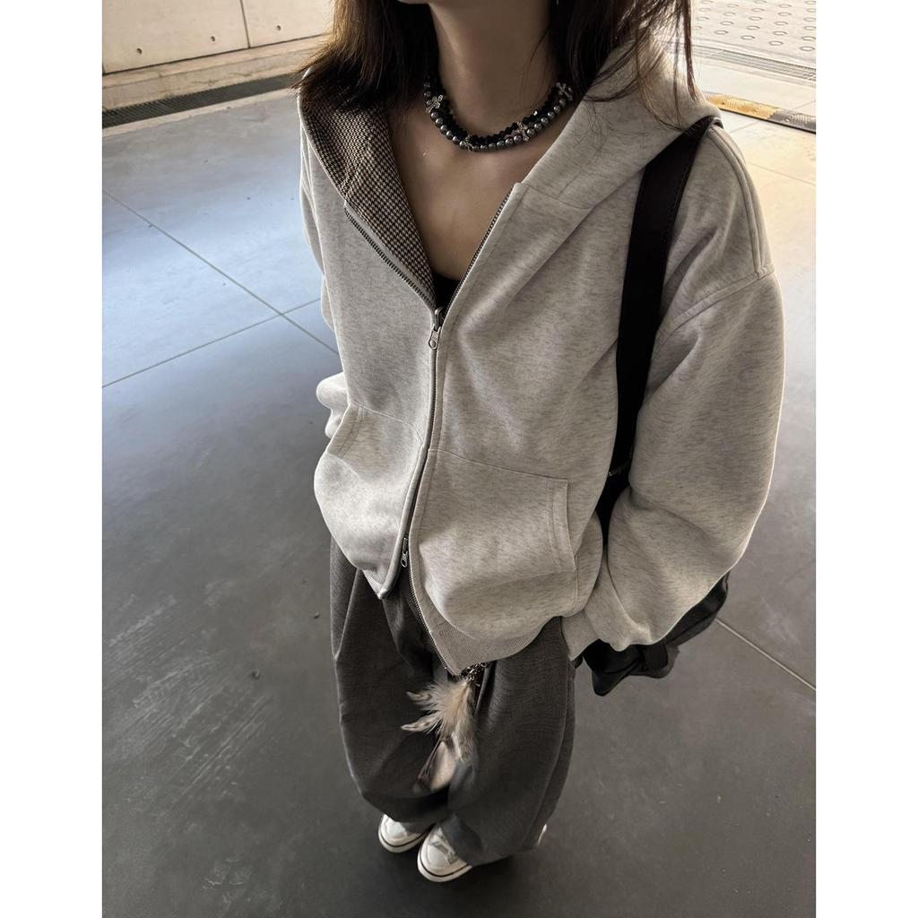 Houndstooth Double-Sided Hoodie Cardigan for Men & Women - Autumn Heavyweight Plaid Short Jacket