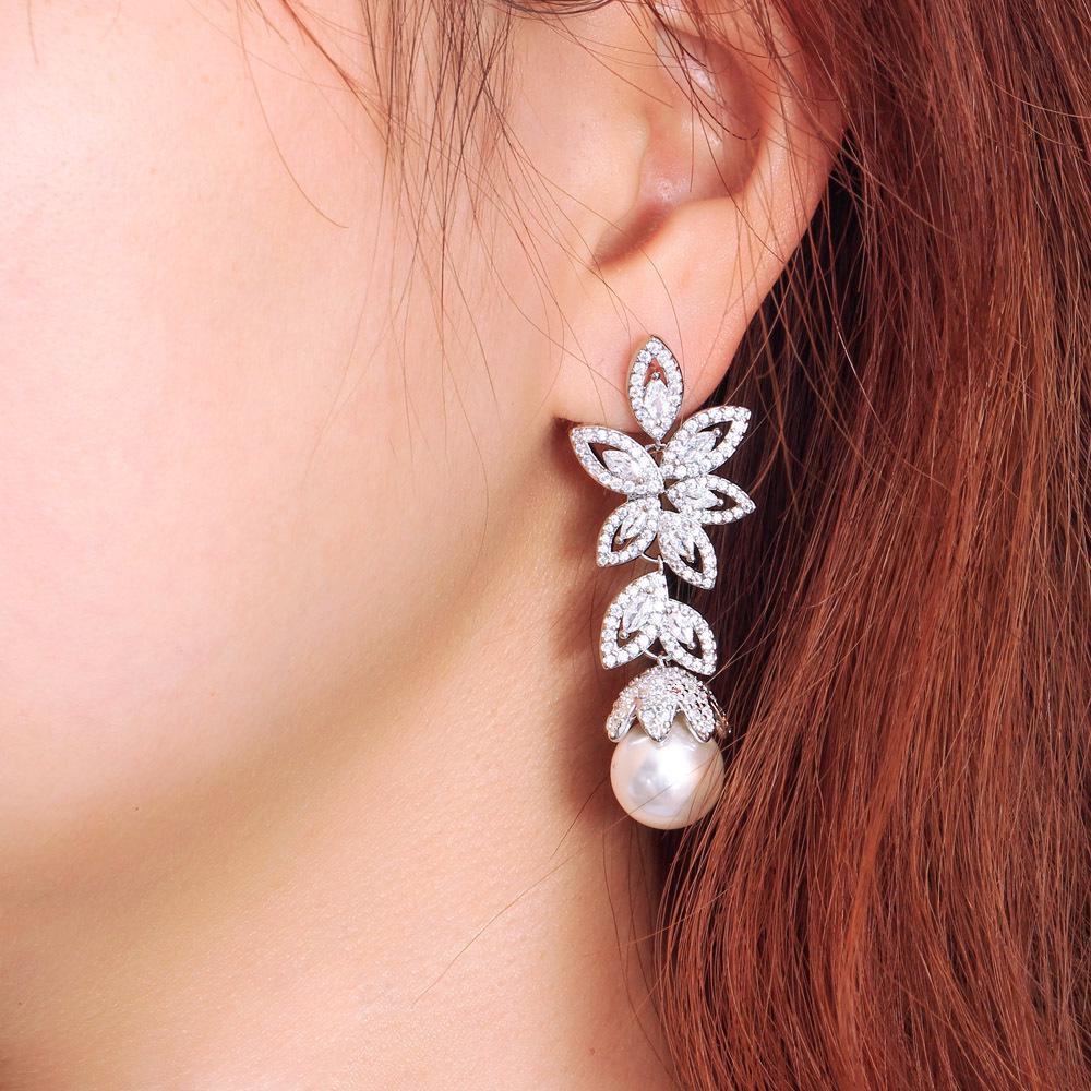 S925 Silver Leaf Pearl & Diamond Drop Earrings with Micro-Set Zircon