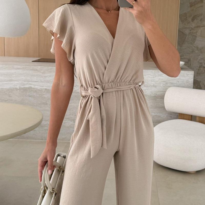 Velké množství skladem nové letní jednodílné kalhoty s výstřihem do V a šněrováním dámské elegantní pro dojíždění univerzální 8066