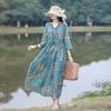 Women's Summer Retro Boho-Print Cotton-Linen Fitted Dress; Loose-Fitting Long Dress with Full Skirt for Mature Women