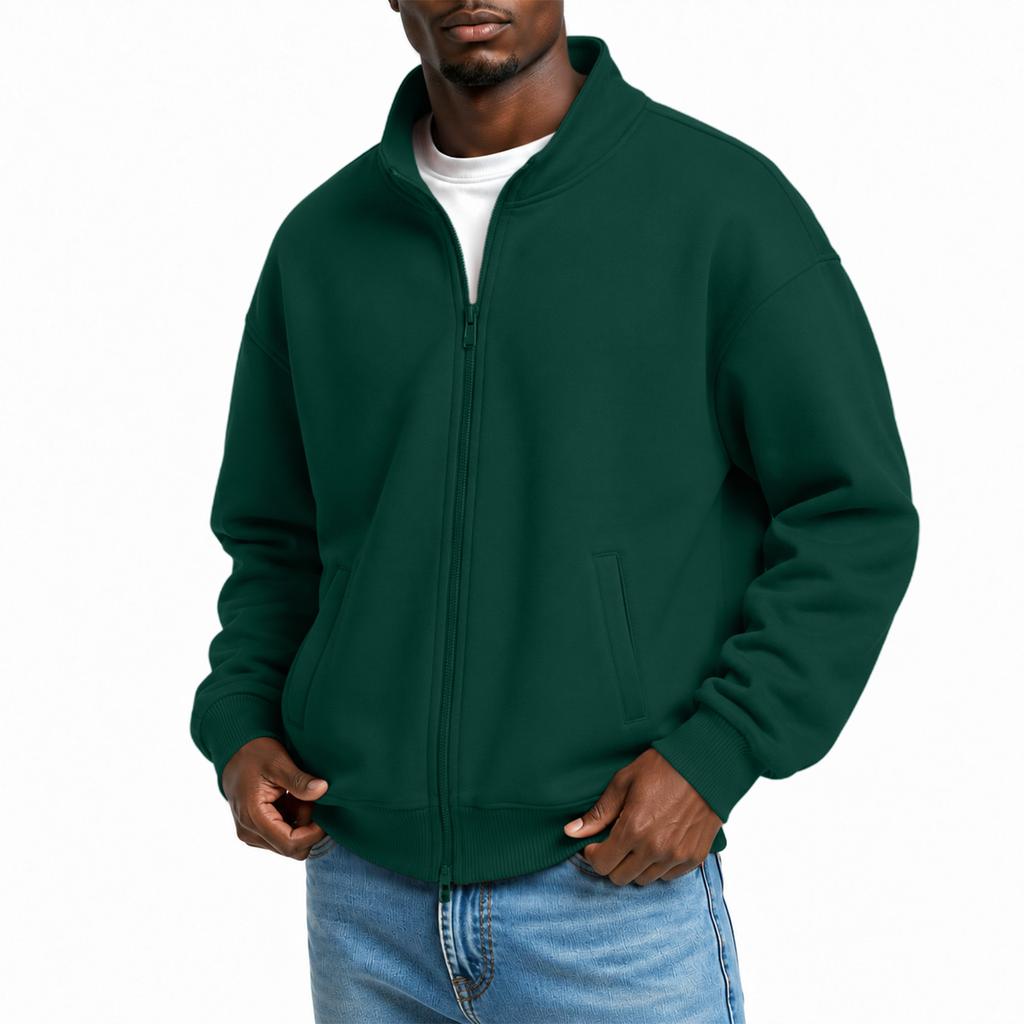 Men's Stand Collar Long Sleeve Zip-Up Sweatshirt with Two-Way Zipper for Spring and Fall