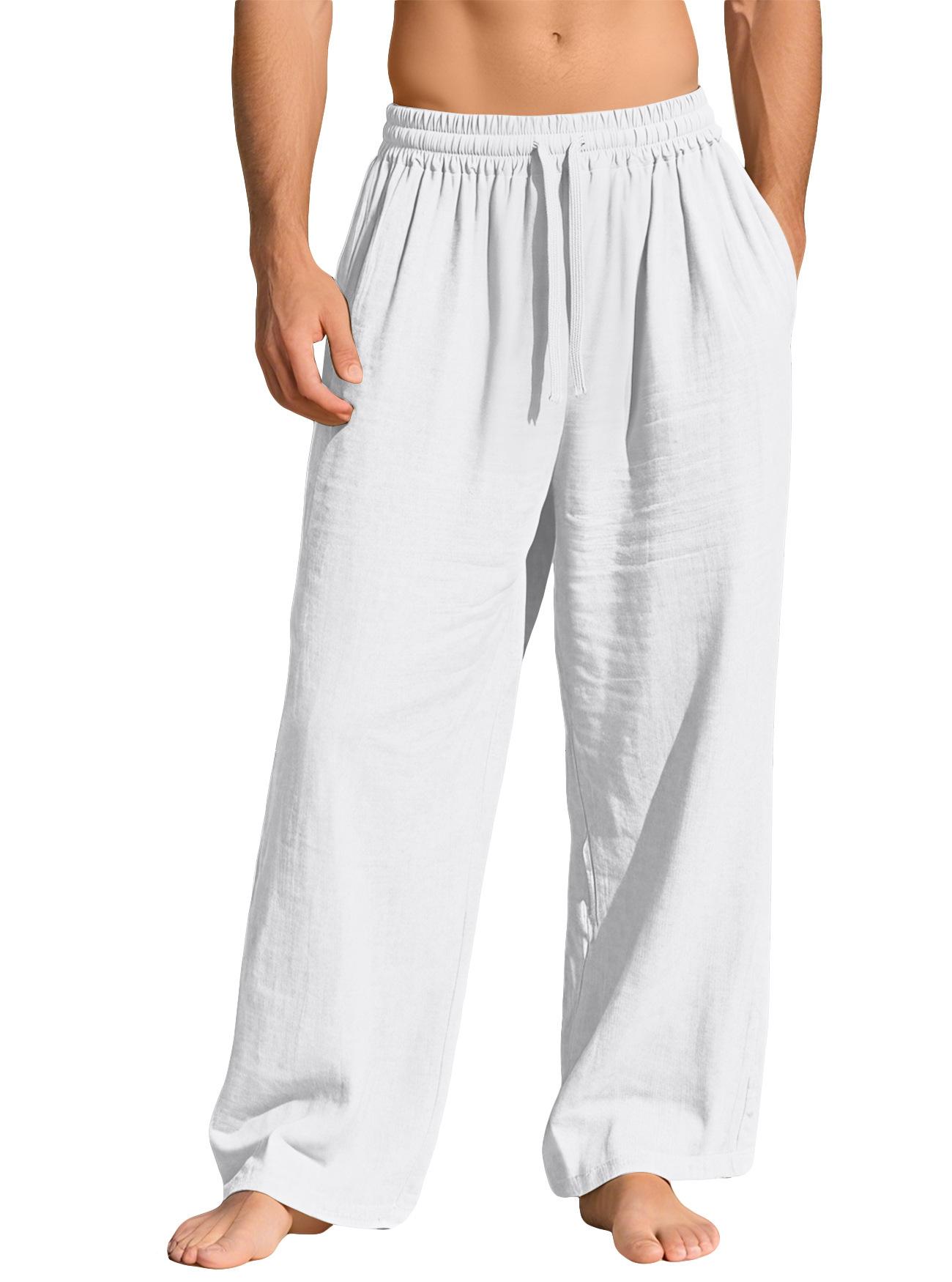 Men Solid Linen Cotton Loose Drawstring Casual Long Pants S белый