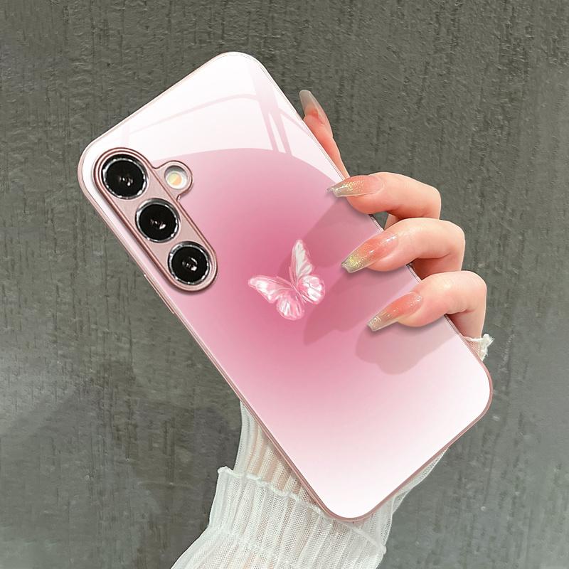 Minimalist Pink Butterfly Glass Phone Case Fashion Phone Cases Mobile Phones for Samsung Galaxy S26 S25 S24 S23 S22FE Ultra Plus