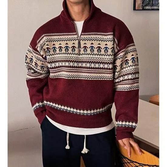 2024 Autumn/Winter Men's Plus Size Red Lapel Half-Zip Sweater - Warm, Versatile Knitwear