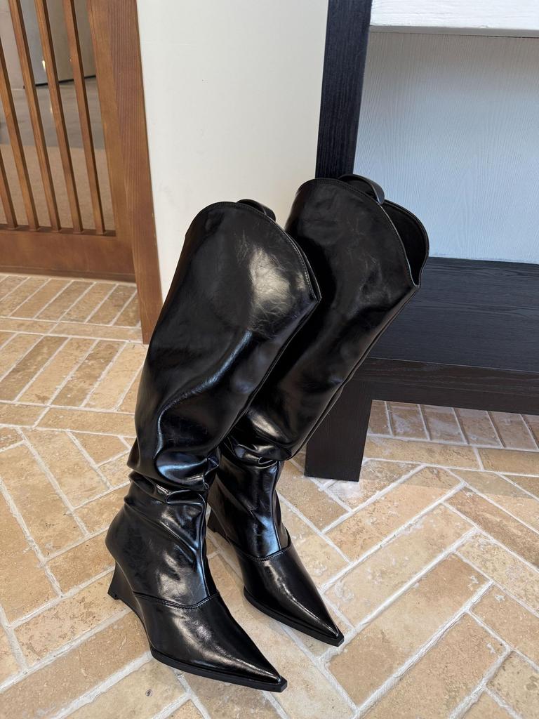 Wedge heel pointed khaki stack boots tall knight boots women's shoes 2025 new spring and autumn winter thin long boots