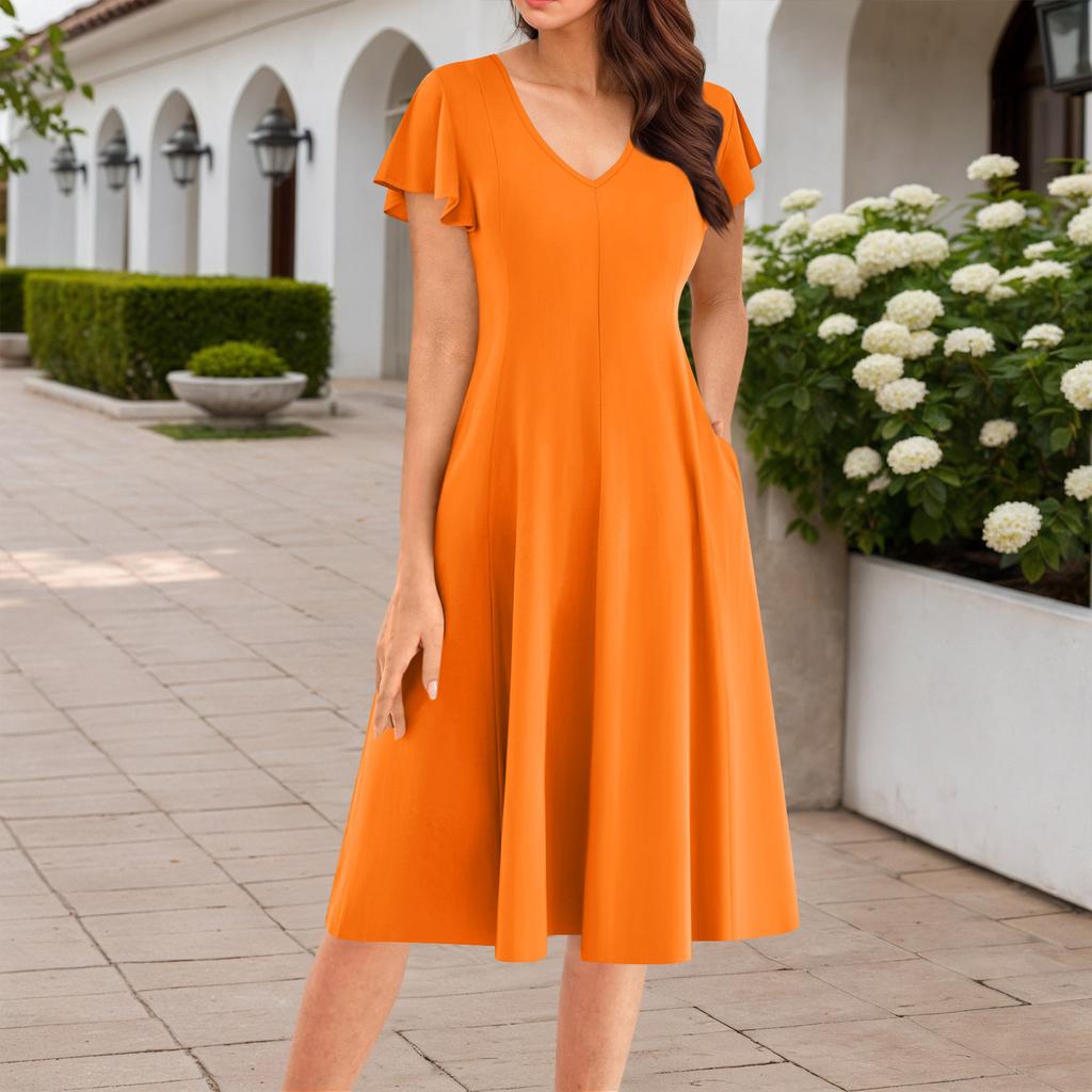 Women's Summer Fashion V-Neck Ruffle Sleeve Retro Elegant Midi Dress