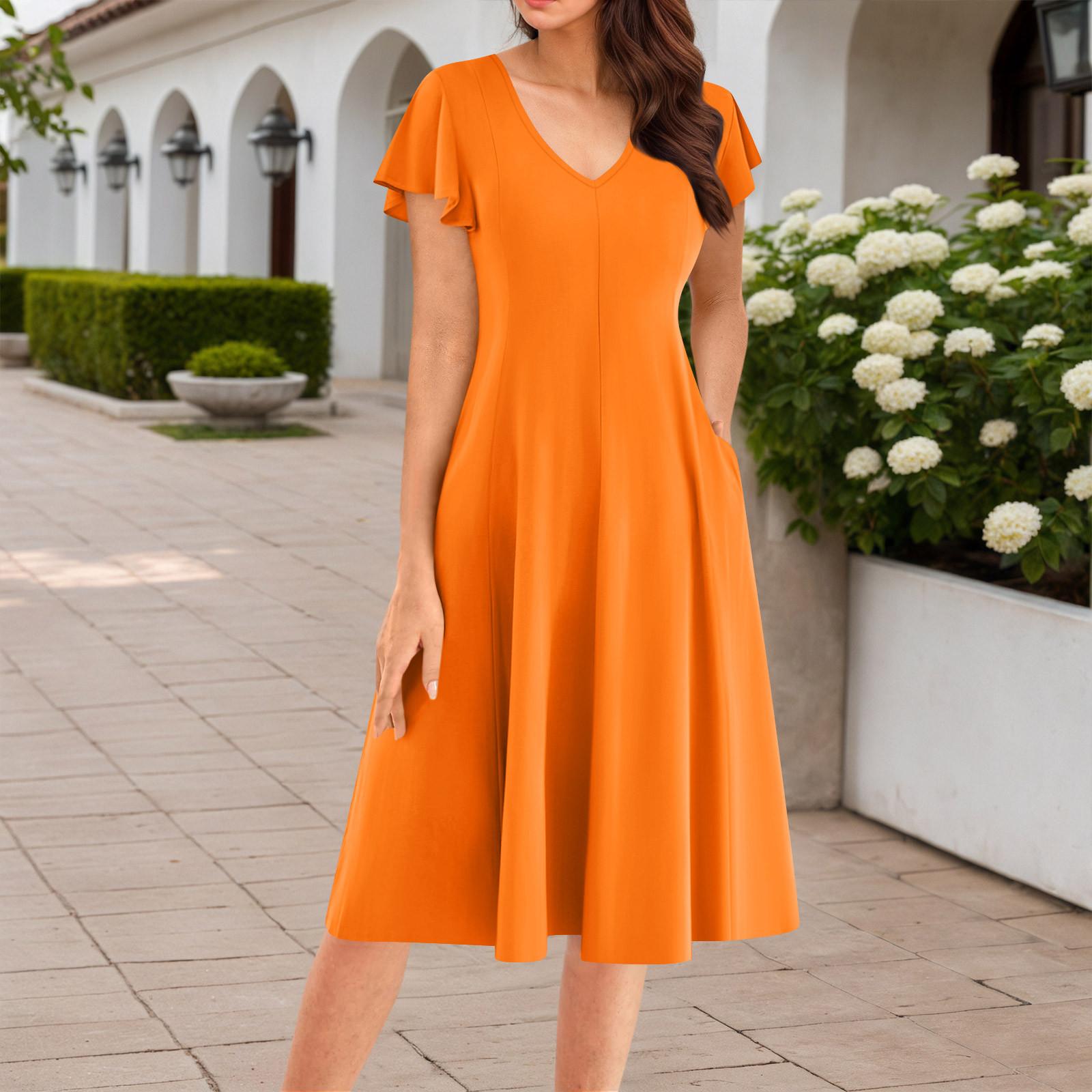 

Женское летнее модное элегантное платье миди в стиле ретро с V-образным вырезом и оборками на рукавах XXL оранжевый