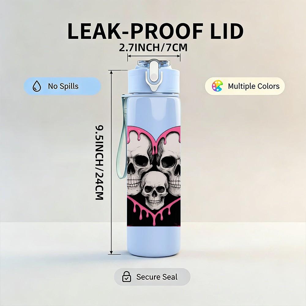 1PC Twin Skull Pink Heart Love Print 750ml Color Plastic Sports Water Bottle Leakproof Flip Straw Lid Suitable for Sports Office Home Use