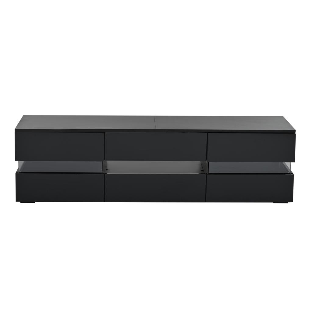 Moderní lesklá TV skříňka, 160x39x45 cm, s LED osvětlením, 2 dveře, 1 zásuvka, otevřená přihrádka, vhodná pro 70palcové televize
