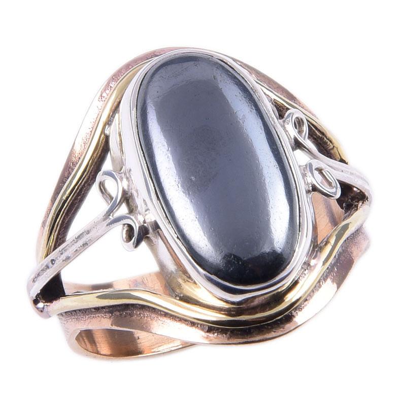 Natural Gunmetal Gemstone Handmade 925 Sterling Silver Two Tone Ring S.8.5 A6a97