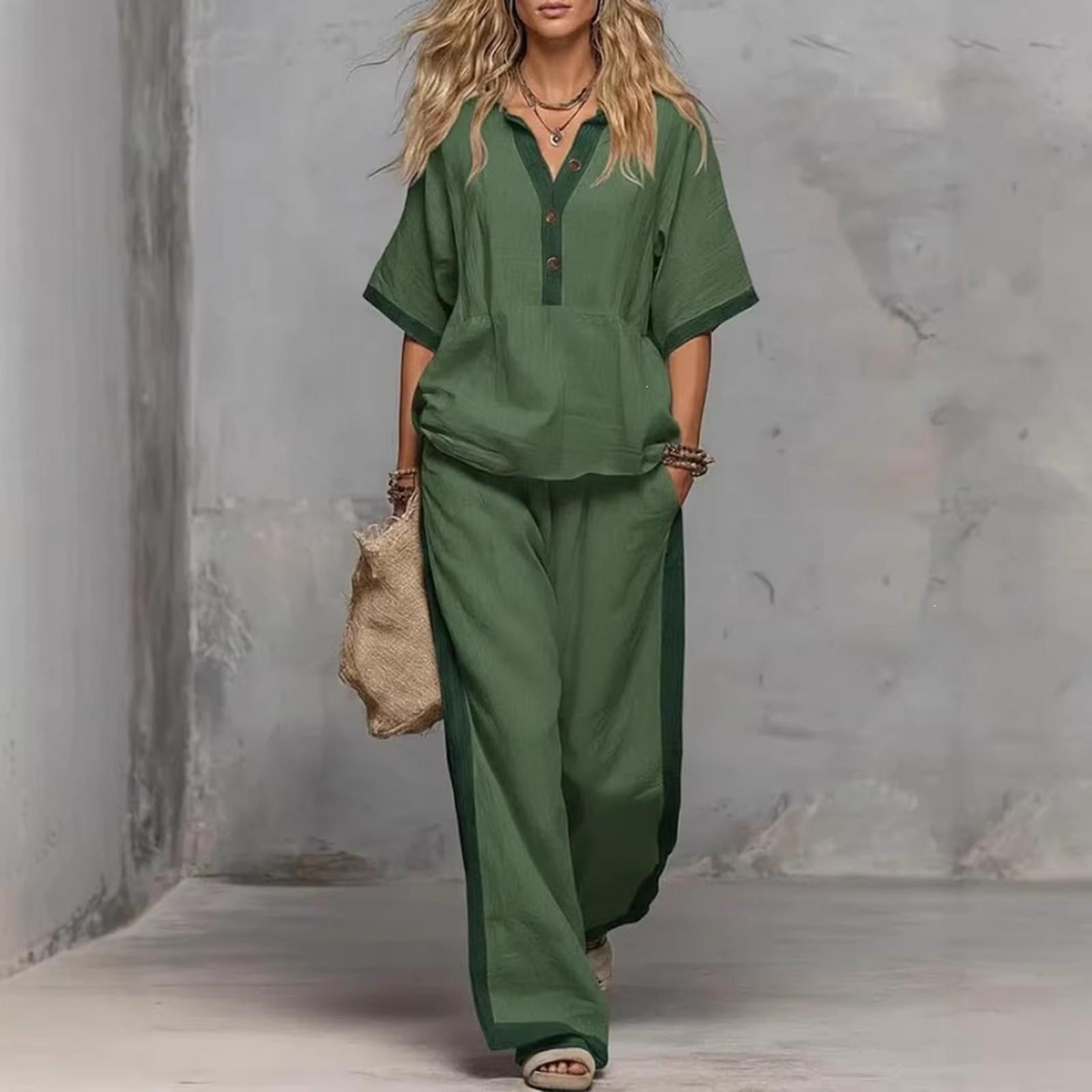 

Women s Fashion Color Blocked V-neck Seven Quarter Sleeve Top Elastic Waist Casual Loose Wide Leg Pants Two-piece Set L