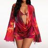 European And American Print Sexy Lace-Up Long-Sleeved Blouse Bikini Three-Piece Swimsuit Boxers Slimming Swimsuit Women