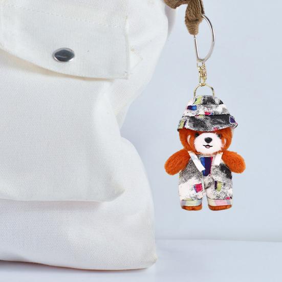 Plush Red Panda Keychain Denim Overalls Hat Stuffed Red Panda Key Ring Backpack Schoolbag Hanging Decoration Bag Charm Purse Pendant