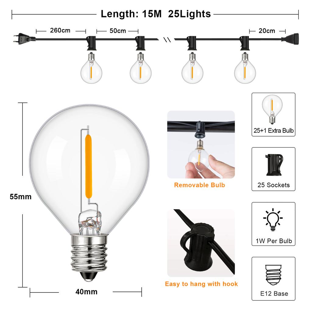 G40 Indoor Outdoor String Light E12 Socket EU Plug 220V Connectable Dimmable Vintage Fairy Light Chain For Backyard Patio Decor
