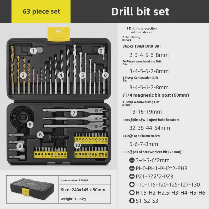 63-Piece Drill Bit Set: Twist, Woodworking, Flat, Center, and Cement Drills