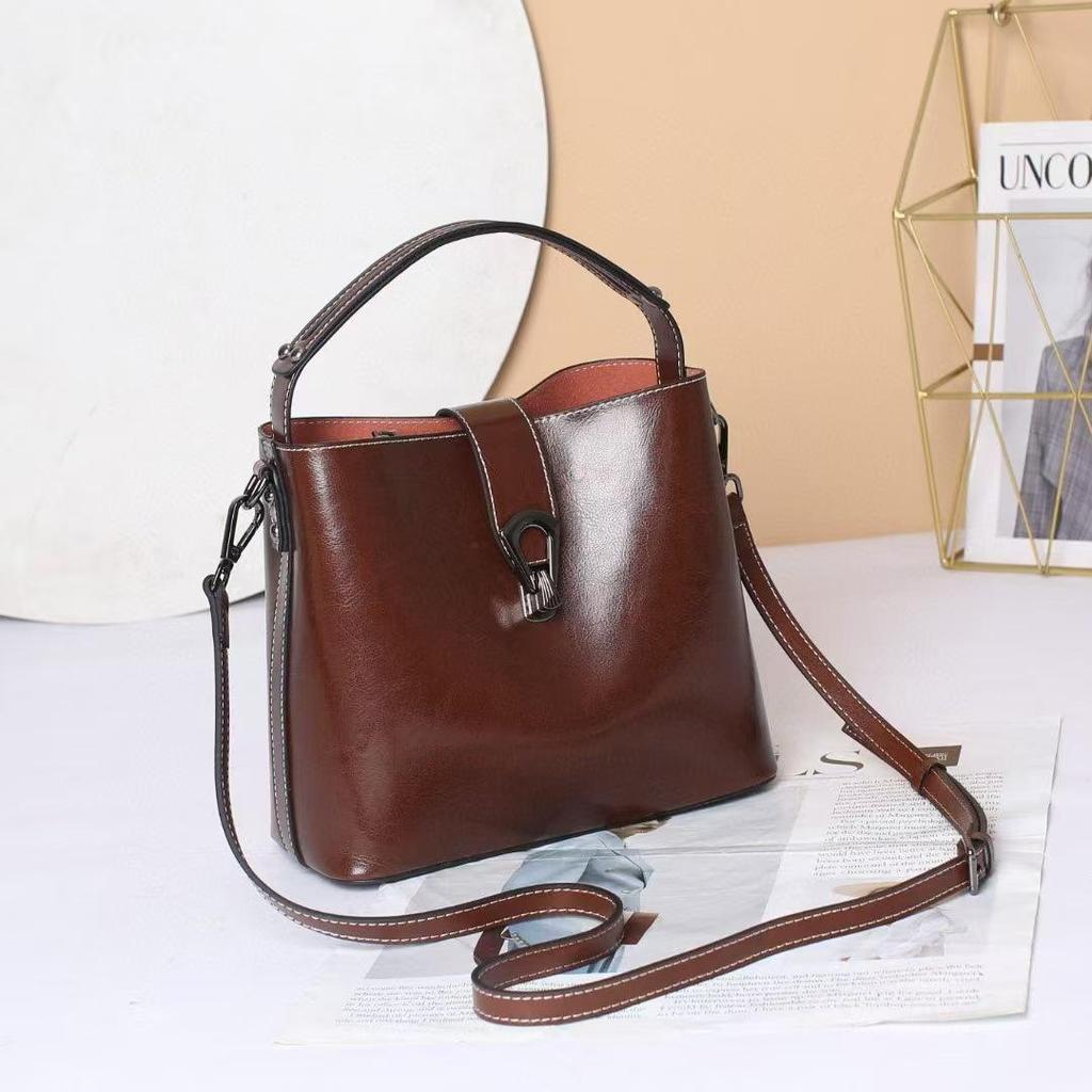 Korean Style Genuine Leather Double Strap Crossbody Bucket Bag