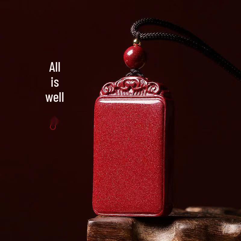 Natural Cinnabar Ruyi Necklace Pendant with Purple Gold Sand - Peace and Safety Amulet Gift