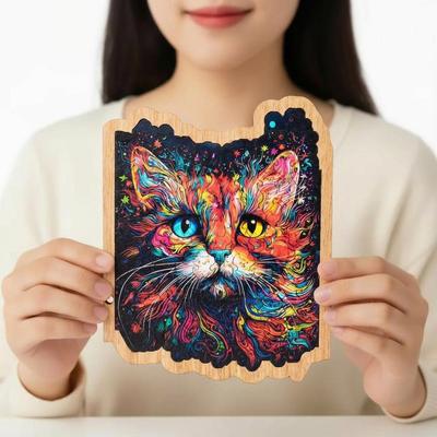 "Colorful Cat" Creative Wooden Jigsaw Puzzle - Challenging Gift & Ornament
