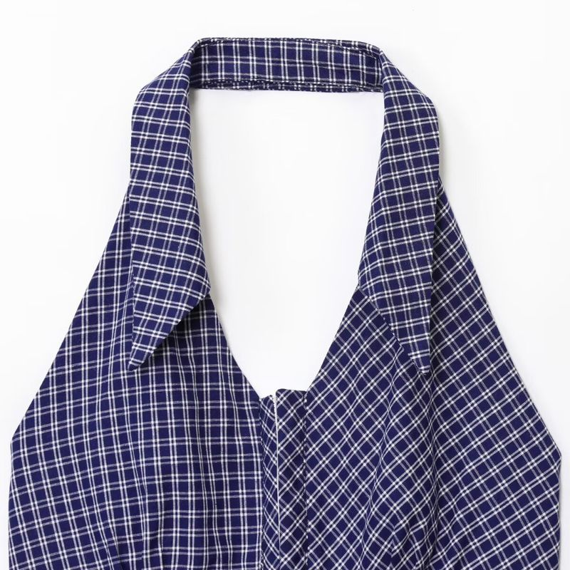 Zbzr Spring New Women Clothes Western Style Fashion Temperament Gyaru Hanging Neck Lapel Plaid Short Top