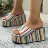 Women's Wide Width Stripe Slides, Platform Wedge Slippers, Autumn Outdoor Mules for Women