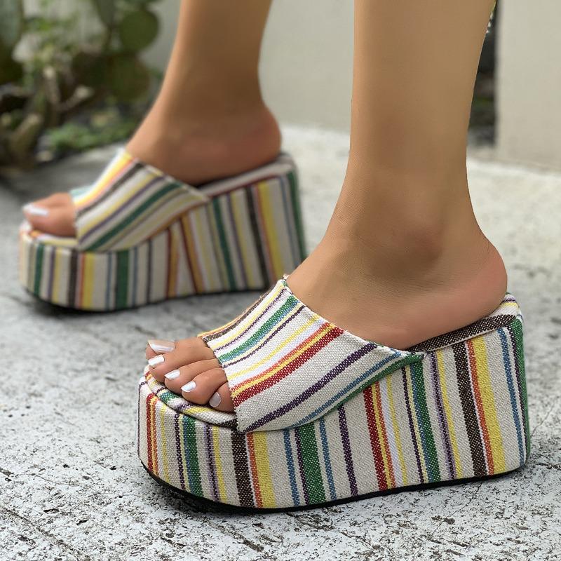 Women's Wide Width Stripe Slides, Platform Wedge Slippers, Autumn Outdoor Mules for Women