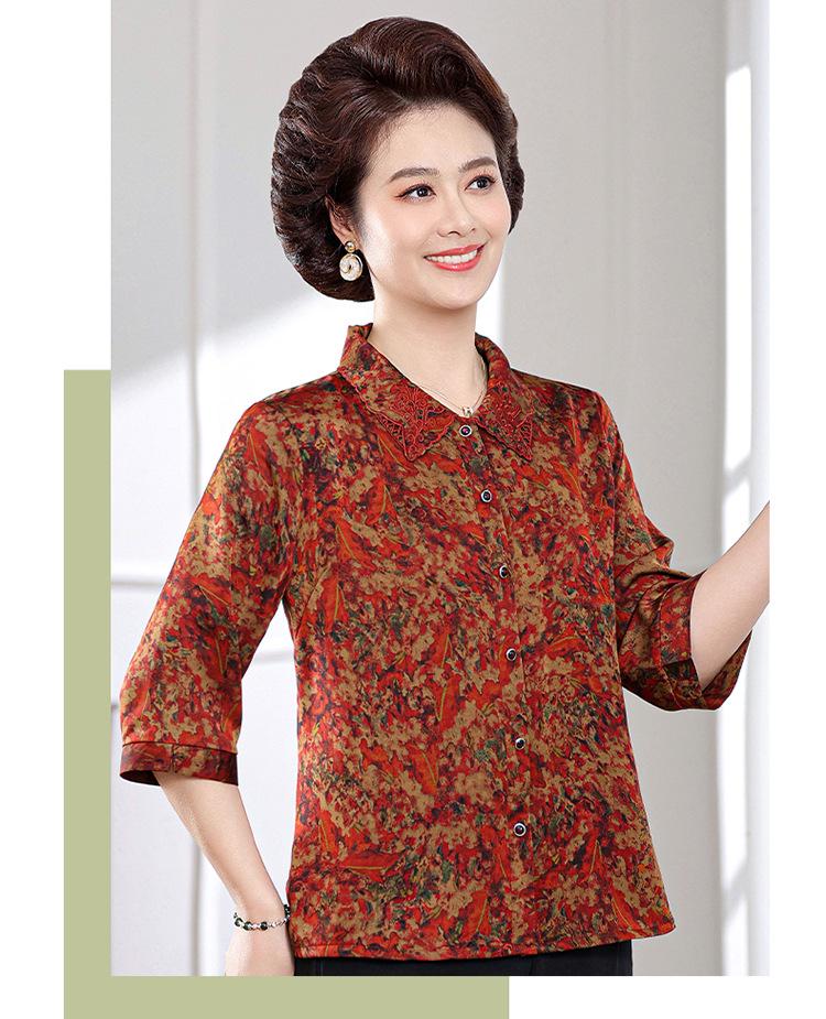 Elegant Floral Print Top with 3/4 Sleeves for Middle-Aged and Elderly Women