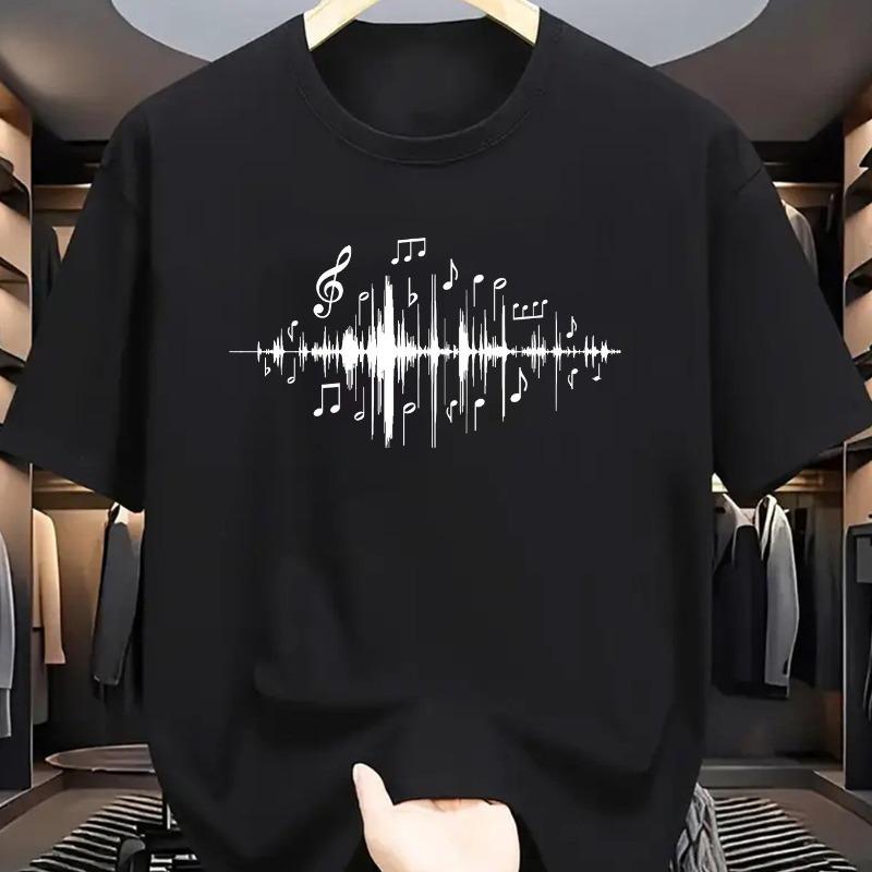 

European sizes [Music Lover] Men S Green Casual T-Shirt with Musical Notes & Sound Wave Print - Short Sleeve, Regular Fit, Perfect for Music Festivals 4XL чорний