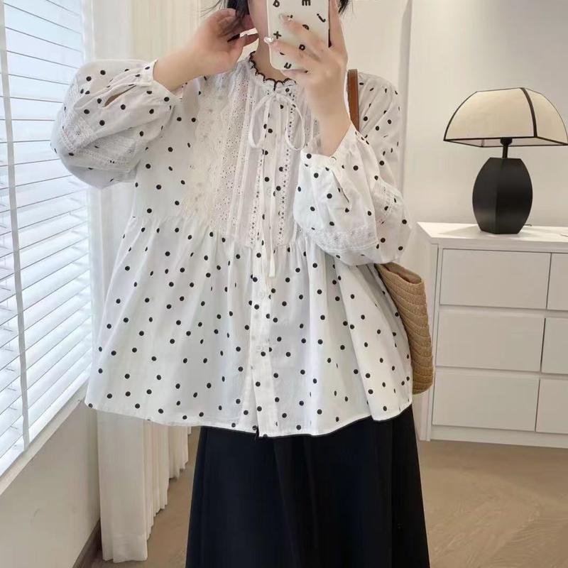 Johnature Japanese Embroidery Lace Polka Dot Shirt Spring Summer Casual Balloon Sleeve Shirt Women Loose Forest Tops