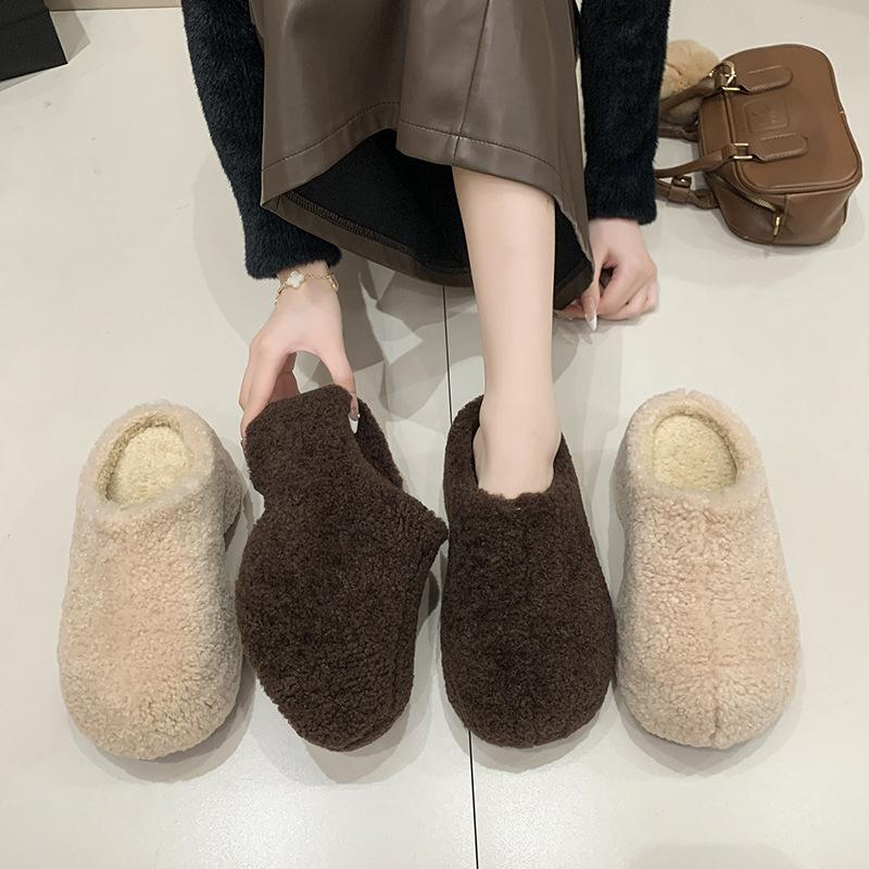 Retro Thick-soled Casual Bag Head with One Foot and Warm Cotton Shoes for Women's Autumn and Winter Niche Plush Casual Fluffy Half Slippers